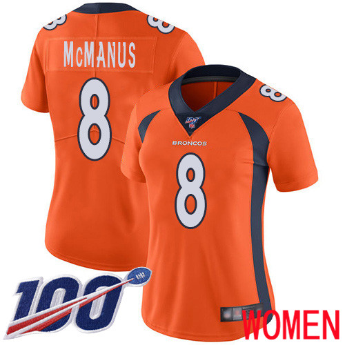 Women Denver Broncos #8 Brandon McManus Orange Team Color Vapor Untouchable Limited Player 100th Season Football NFL Jersey->women nfl jersey->Women Jersey